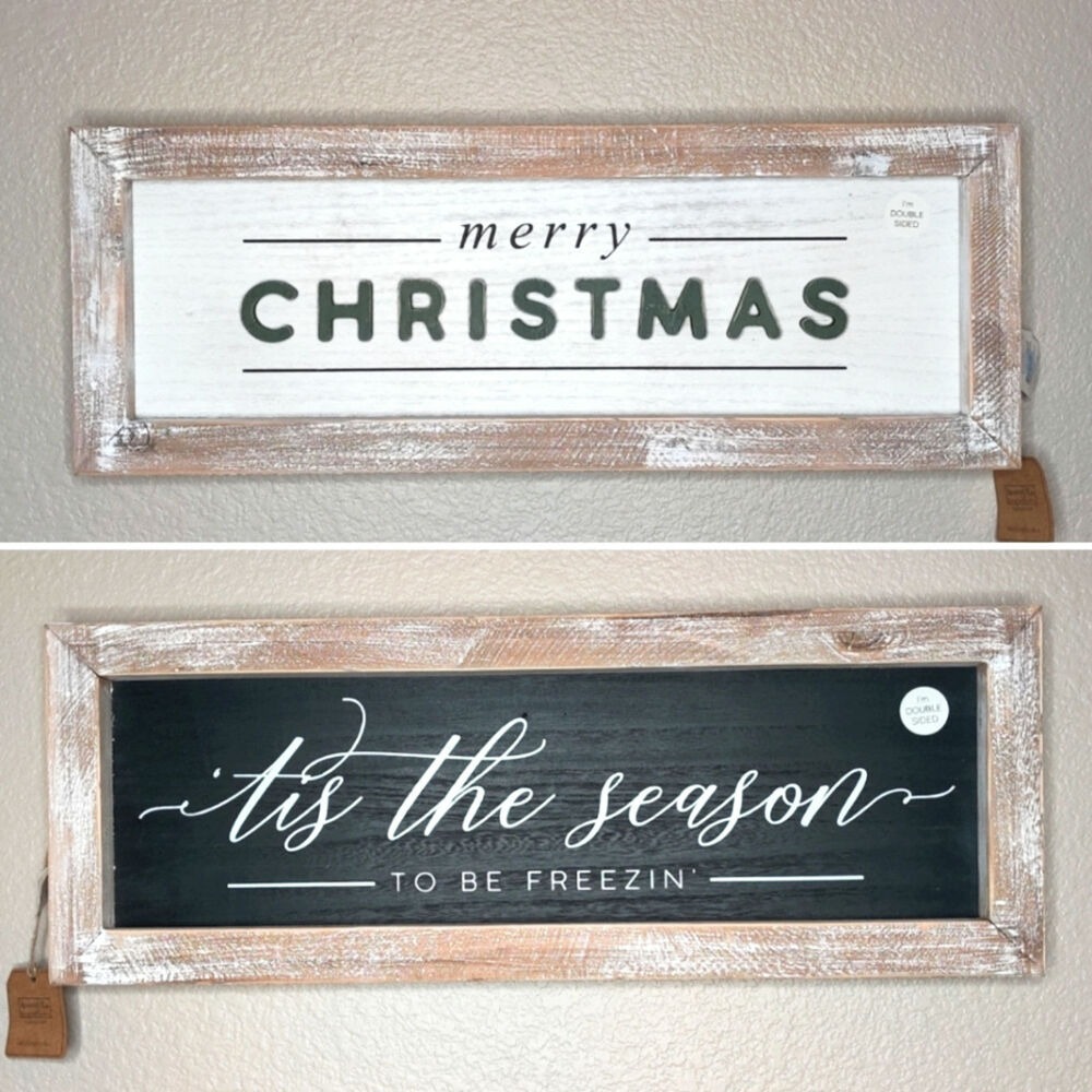Farmhouse Whitewash Rustic Wooden Christmas Wall Decor Sign Double Sided